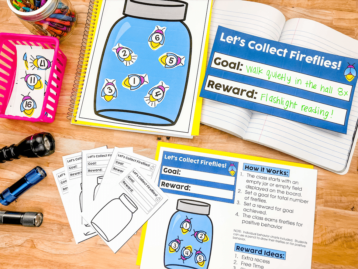 Camp Read a Lot firefly behavior jar reward system with classroom goal chart and printable trackers