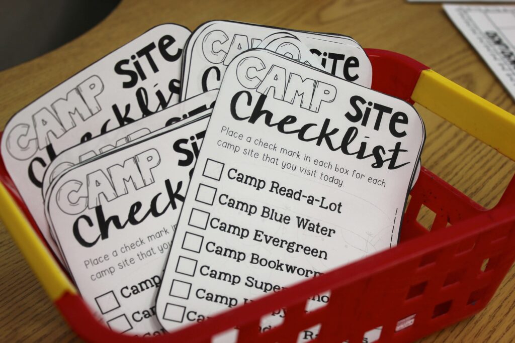 Camp Read a Lot campsite checklist cards for rotating classroom reading stations