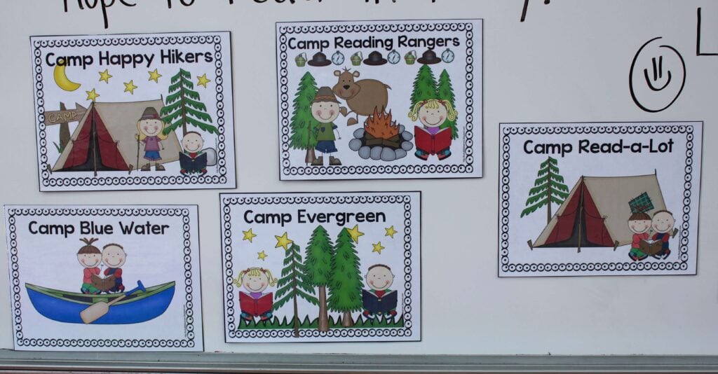 Camp Read a Lot reading station signs including Camp Blue Water and Camp Read-a-Lot