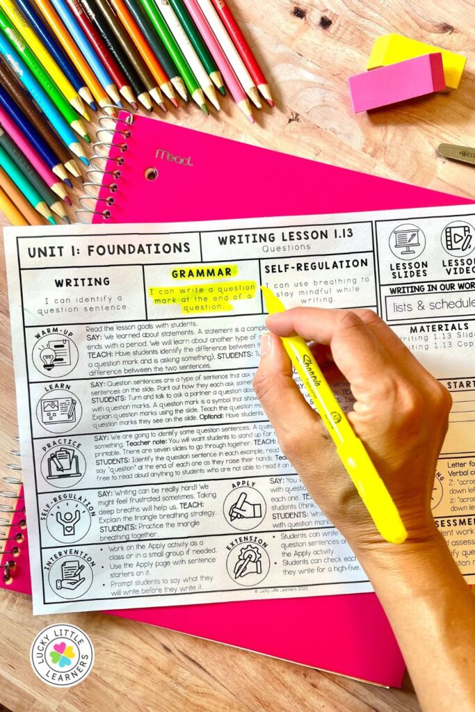 Hand highlighting a grammar lesson on writing sentences, with colorful pencils and a pink notebook on a desk.