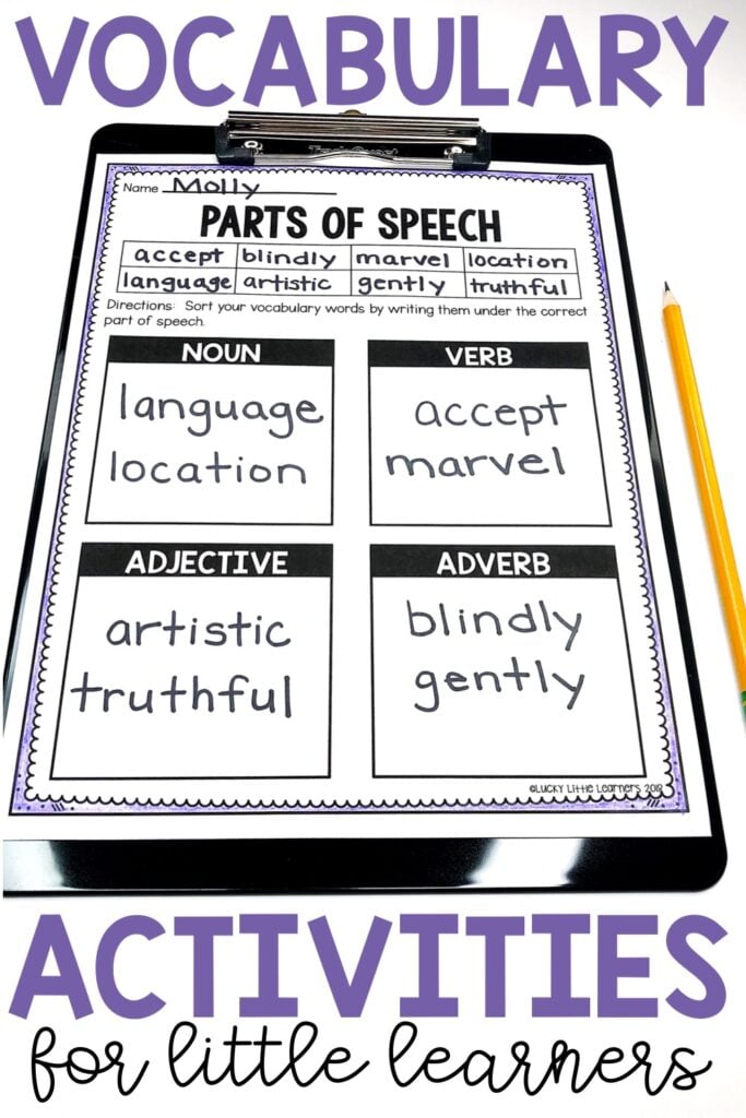 Nouns, verbs, adjectives, and adverbs are an important piece of students learning grammar so why not combine them with vocabulary word practice?  Students read the words at the top of their sheet  and then sort them into the proper grammar categories.  This worksheet is available in 8 words, 10 words, or 12 words templates.