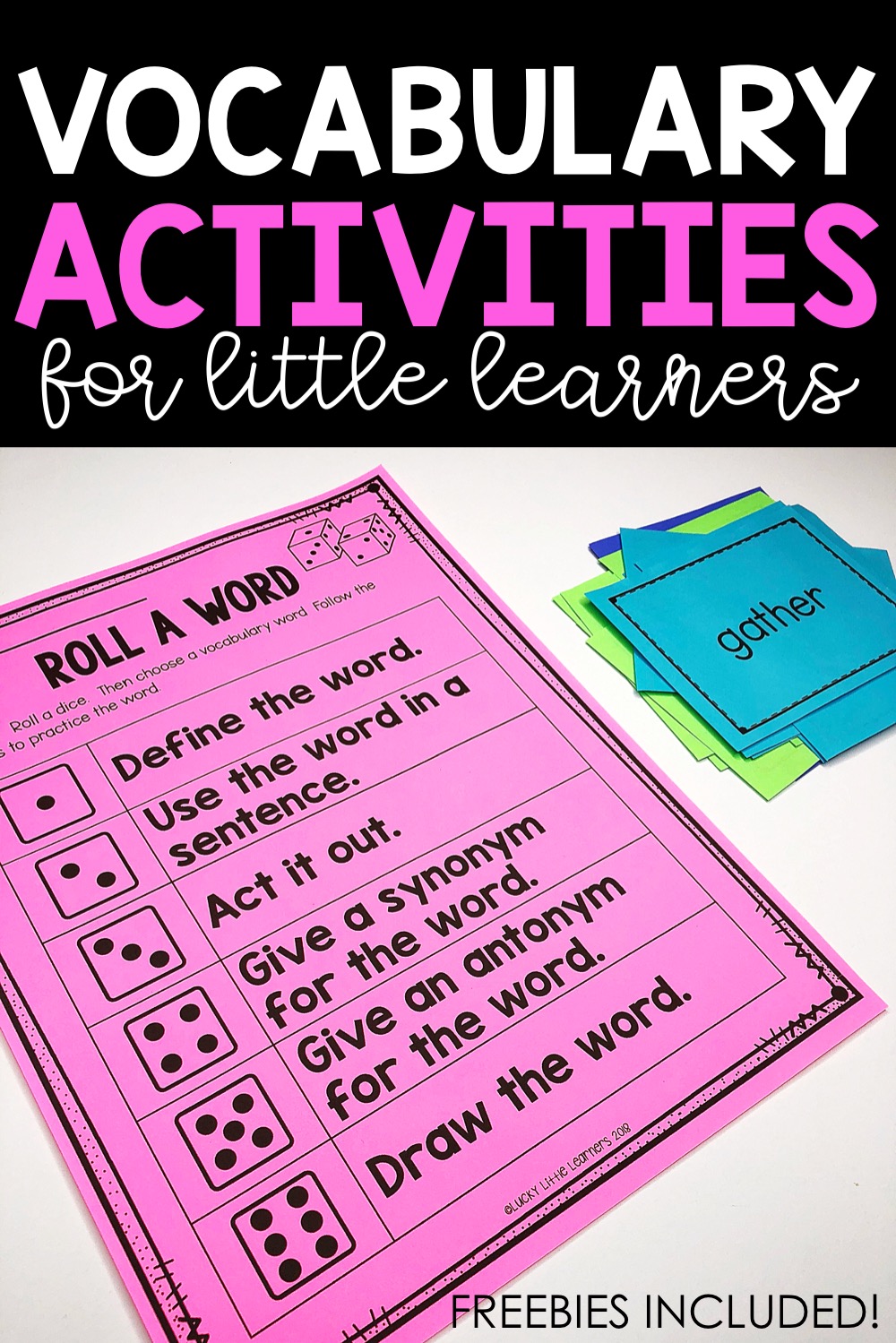 Vocabulary dice can be used with any list of vocabulary words. Give each student a list or stack of vocabulary words. Students can do this activity independently or with a partner. Once a word is chosen, the student rolls the dice and follows the prompt on the dice. Answers can be provided verbally or written on a piece of paper or marker board.