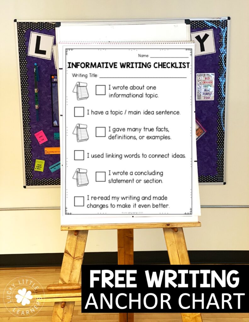 Writing checklists make GREAT anchor charts to support your mini-lessons. You can display the Lucky Little Toolkit writing checklists on your SmartBoard, or print them for use on chart paper.