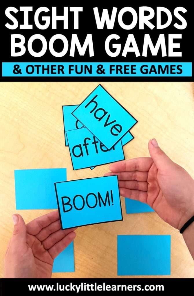 Create this game using sight word cards and some cards that say “Boom”. Take turns drawing cards from a deck in the center of the group. Students keep the card they drew once they accurately read the sight word. If a student draws a “Boom” card, they have to turn in all the cards they have accumulated to that point. Fun twist: Exchange the “Boom” cards for “Boo” cards in October, “Gobble” cards in November, “Grinch” cards in December, etc. 