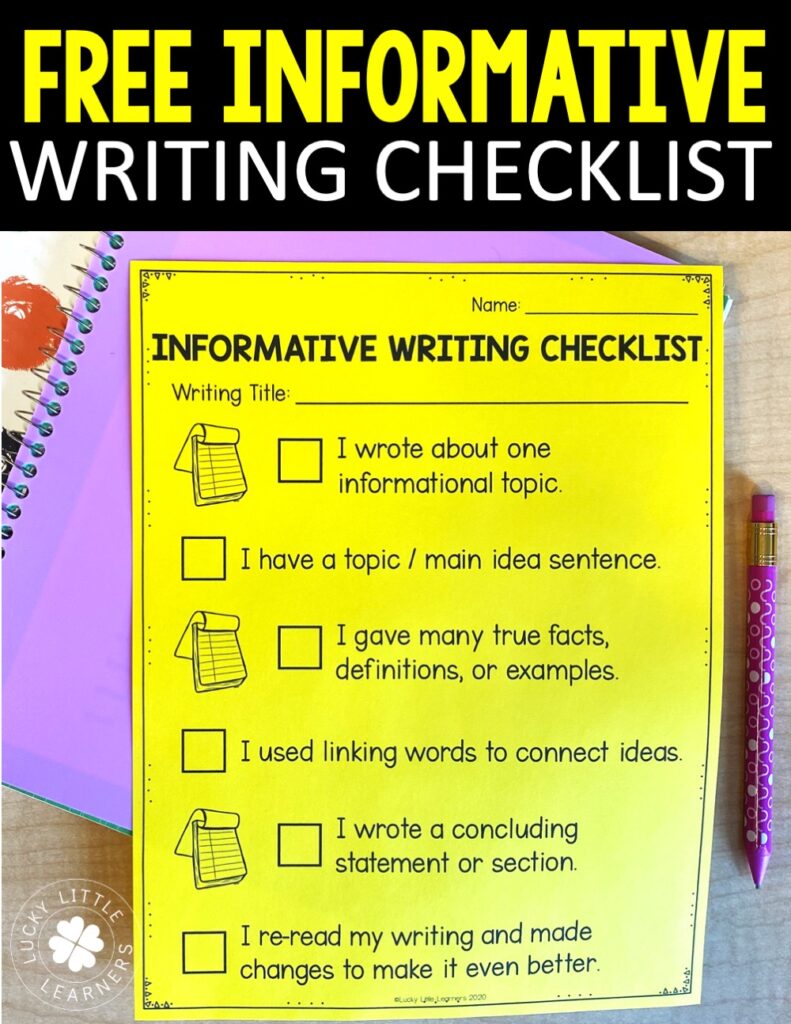 Free informative writing checklist- your students can refer to both your anchor chart AND their own personal checklist for independent writing following the lesson!