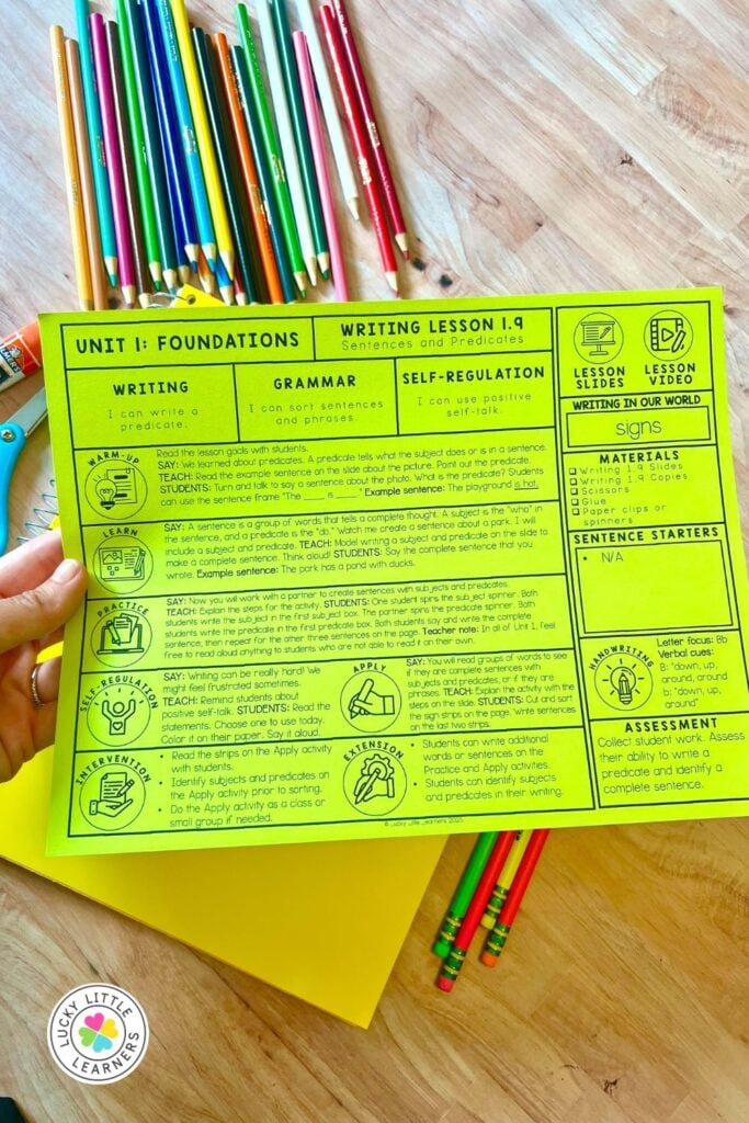Bright yellow lesson plan sheet for teaching sentences and predicates in a sentence writing curriculum.