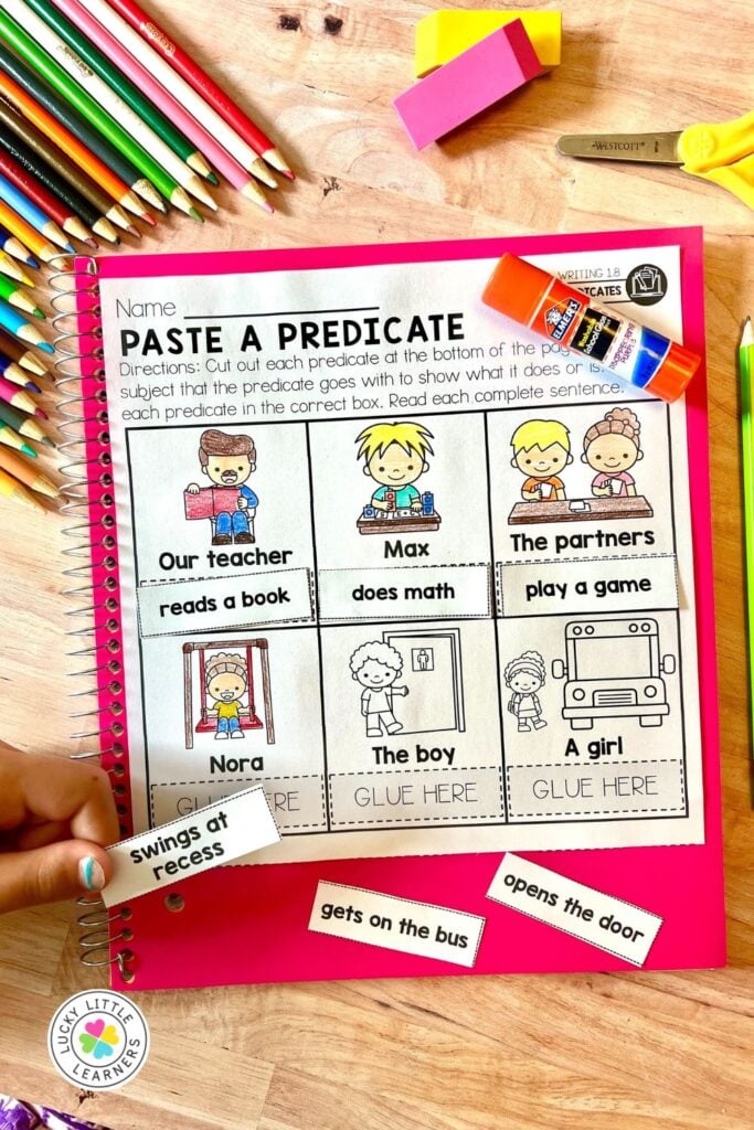 “Paste a Predicate” worksheet where students match subjects with predicates to create complete sentences during sentence writing practice.