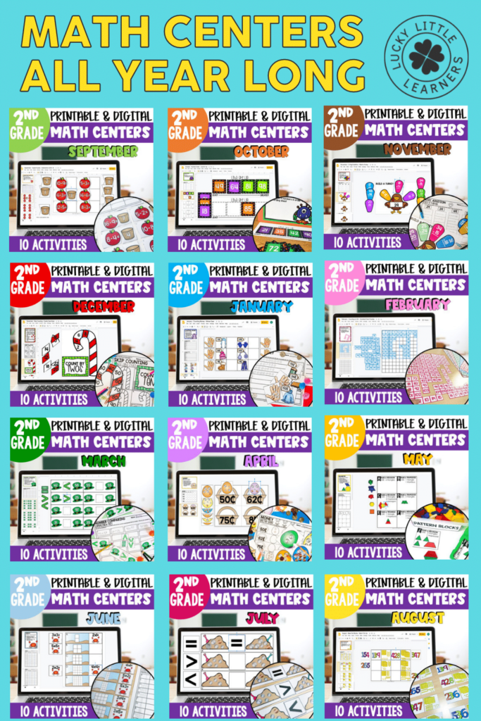 twelve monthly math center packs for 2nd grade by Lucky Little Learners