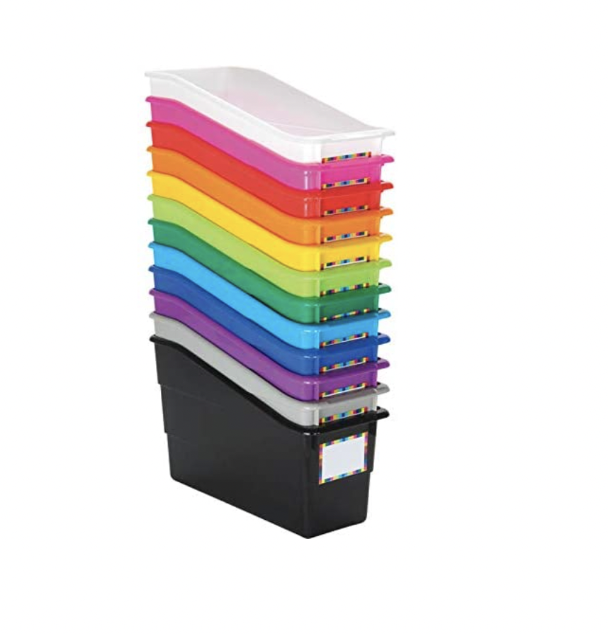 color-coded narrow book holders with labels