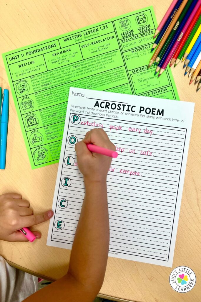 Child completing an acrostic poem worksheet with bright colored pencils, a creative writing activity designed to engage struggling writers.