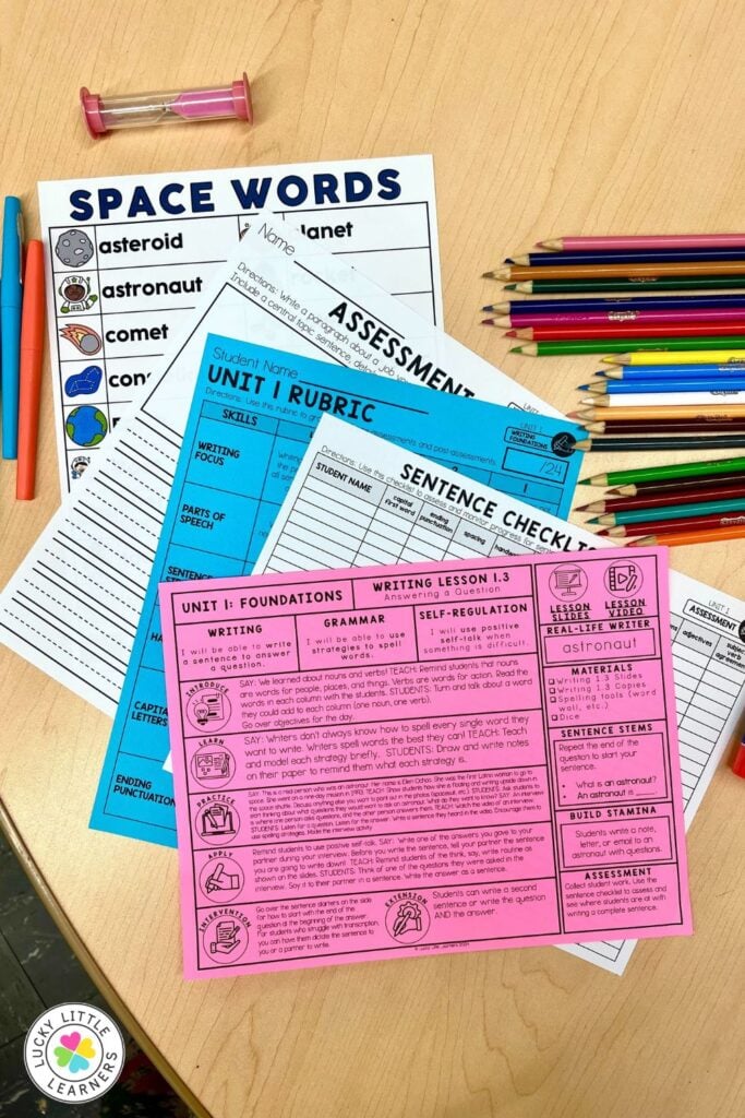 Assessment rubric and space-themed vocabulary list to guide struggling writers in sentence building and content development.