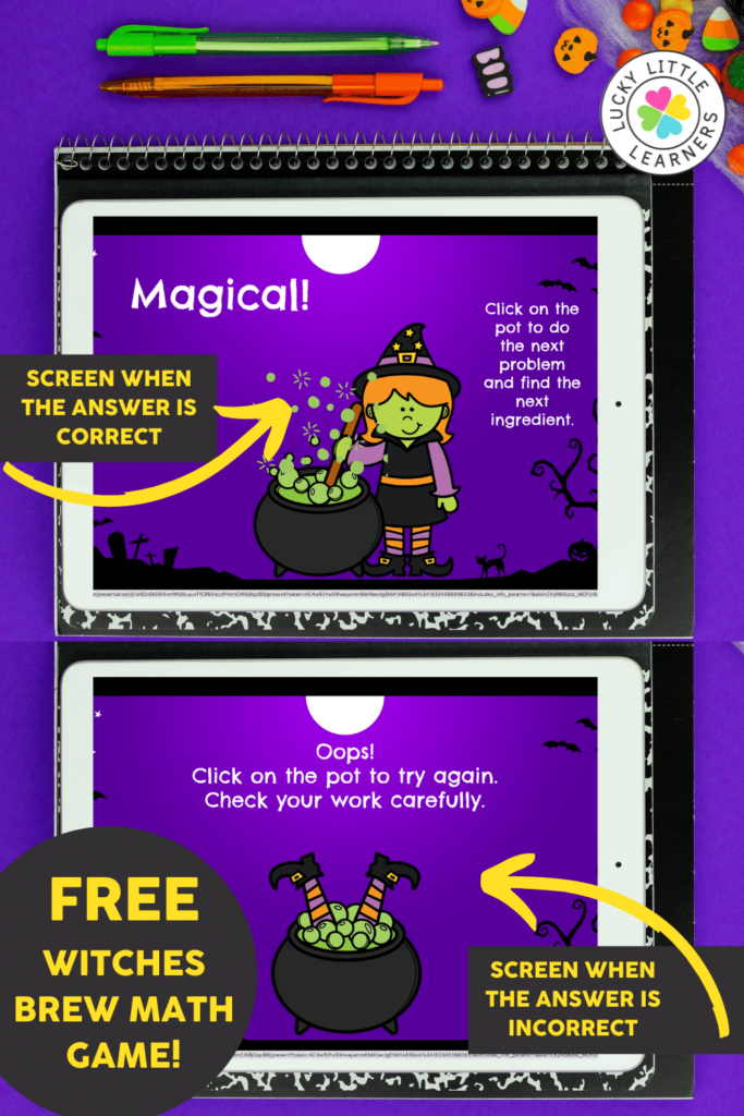 the witches brew math game is self checking and prompts kids to try again when the answer is incorrect