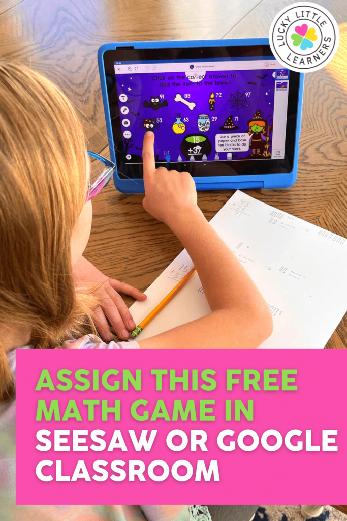 free digital halloween math game that can be played on digital devices by assigning to seesaw or google classroom