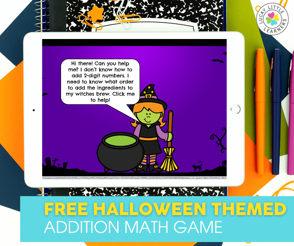 help the witch add 2 digit numbers so she knows the order to add ingredients to her brew with this free halloween themed addition math game