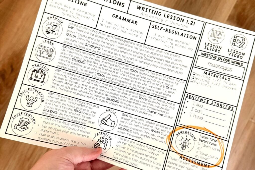 Close-up of a detailed handwriting and writing lesson plan including letter formation practice focus, warm-up, practice, and assessment steps.