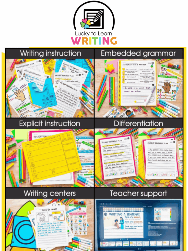Elementary writing curriculum with writing instruction, grammar lessons, differentiation, writing centers, and teacher support using mentor texts for teaching narrative writing.