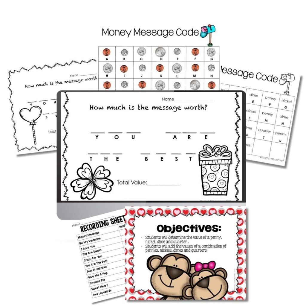 Valentine money message math activity for Valentine’s Day read alouds and activities