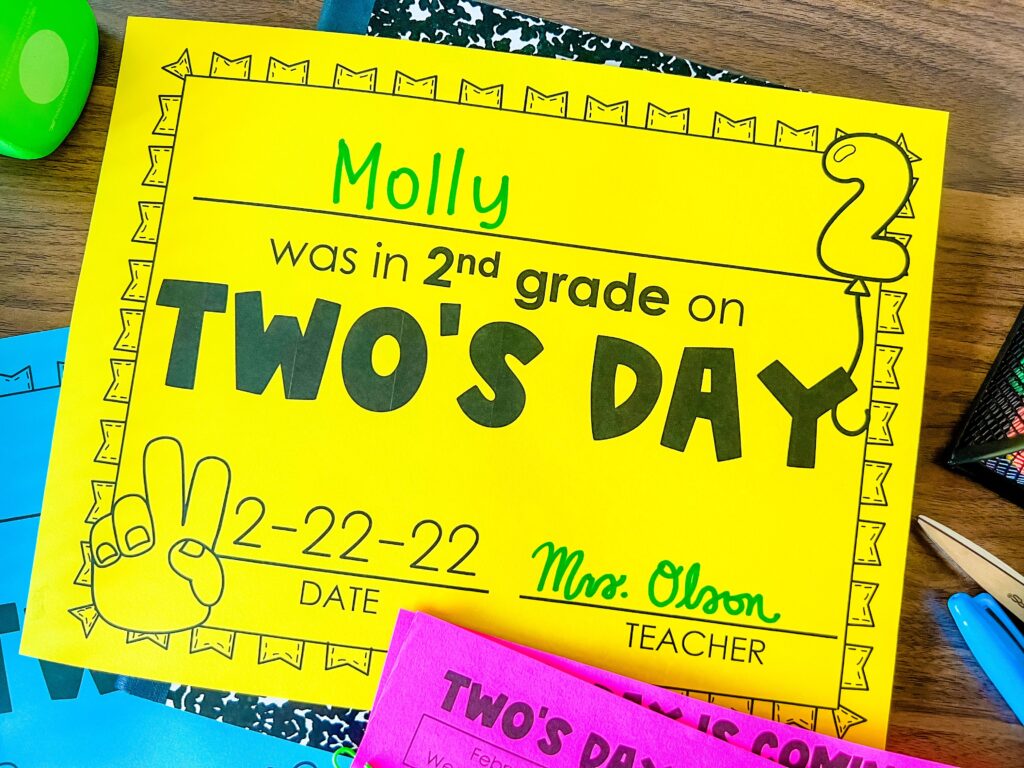free twos day certificates for 2nd graders who attended school on 2-22-22