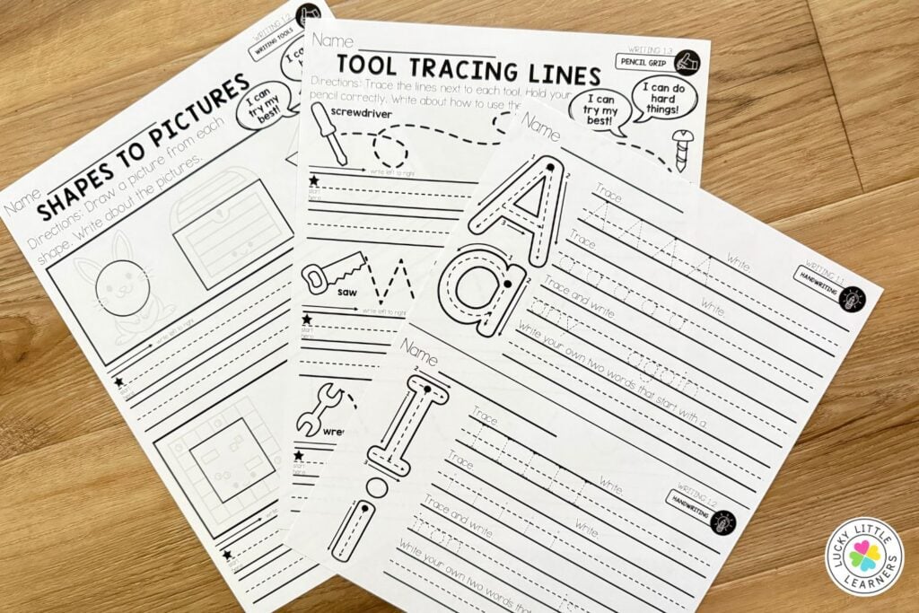 Structured tracing and drawing worksheets used in the Lucky to Learn Writing 1st Grade curriculum to build foundational handwriting skills.
