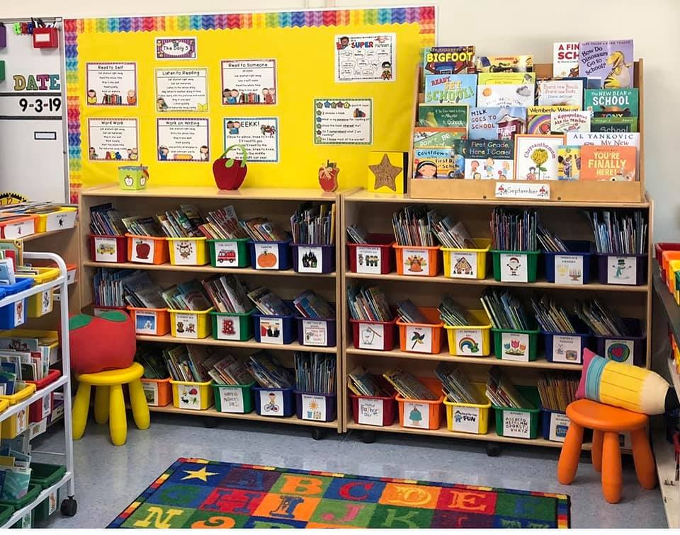 classroom library organized by theme