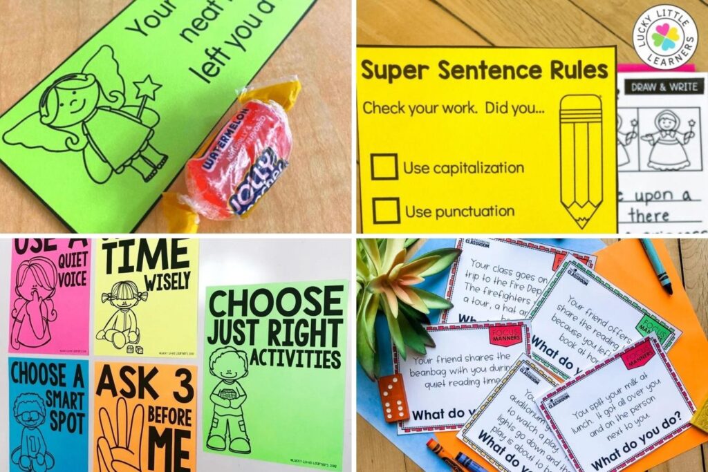 desk fairy note, super sentence rules card, class expectations charts, and SEL scenario cards