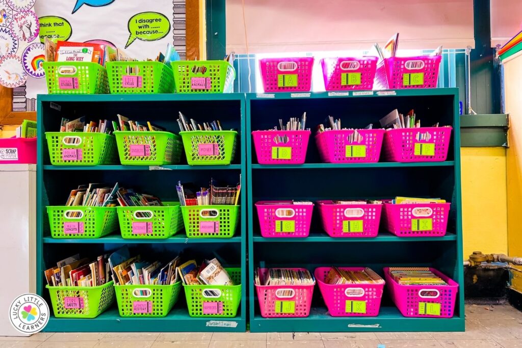 classroom library organized by topic and guided reading level