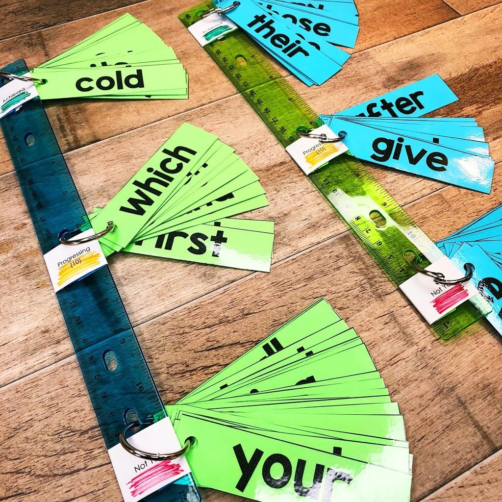 sight word fluency sticks assembled using plastic rulers and word cards on rings