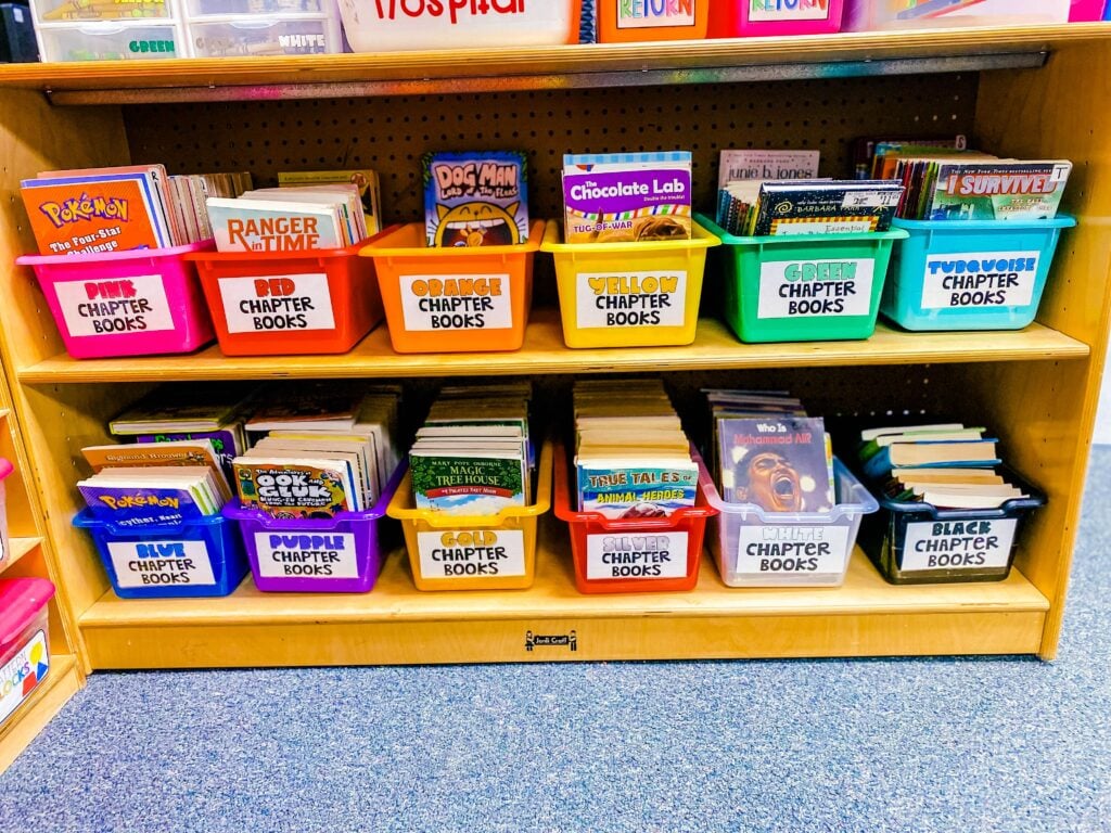 Image showing a classroom library organized with rainbow-colored chapter book bins labeled by color, offering literacy organization ideas for a new K-2 teacher.