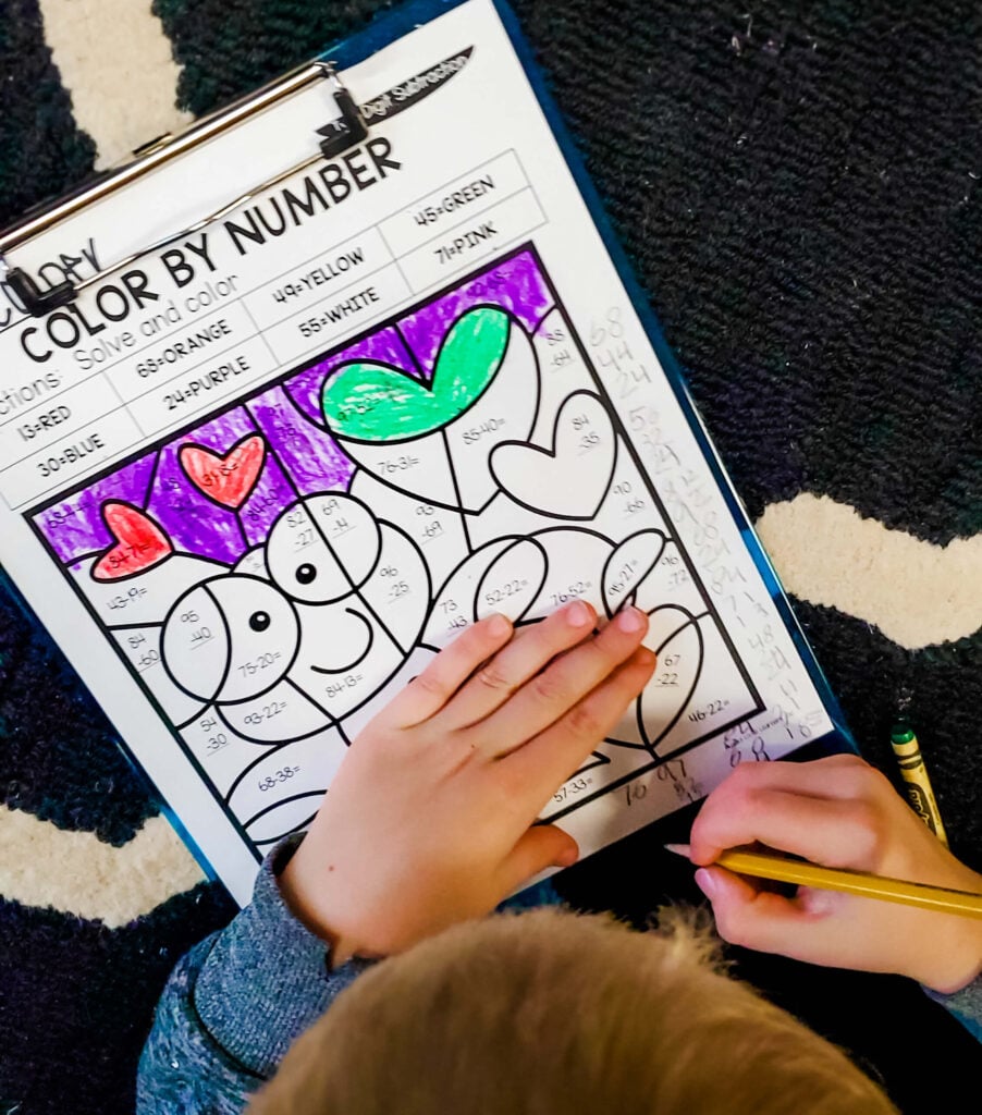 Valentine’s Day color by number math worksheet for classroom party activity