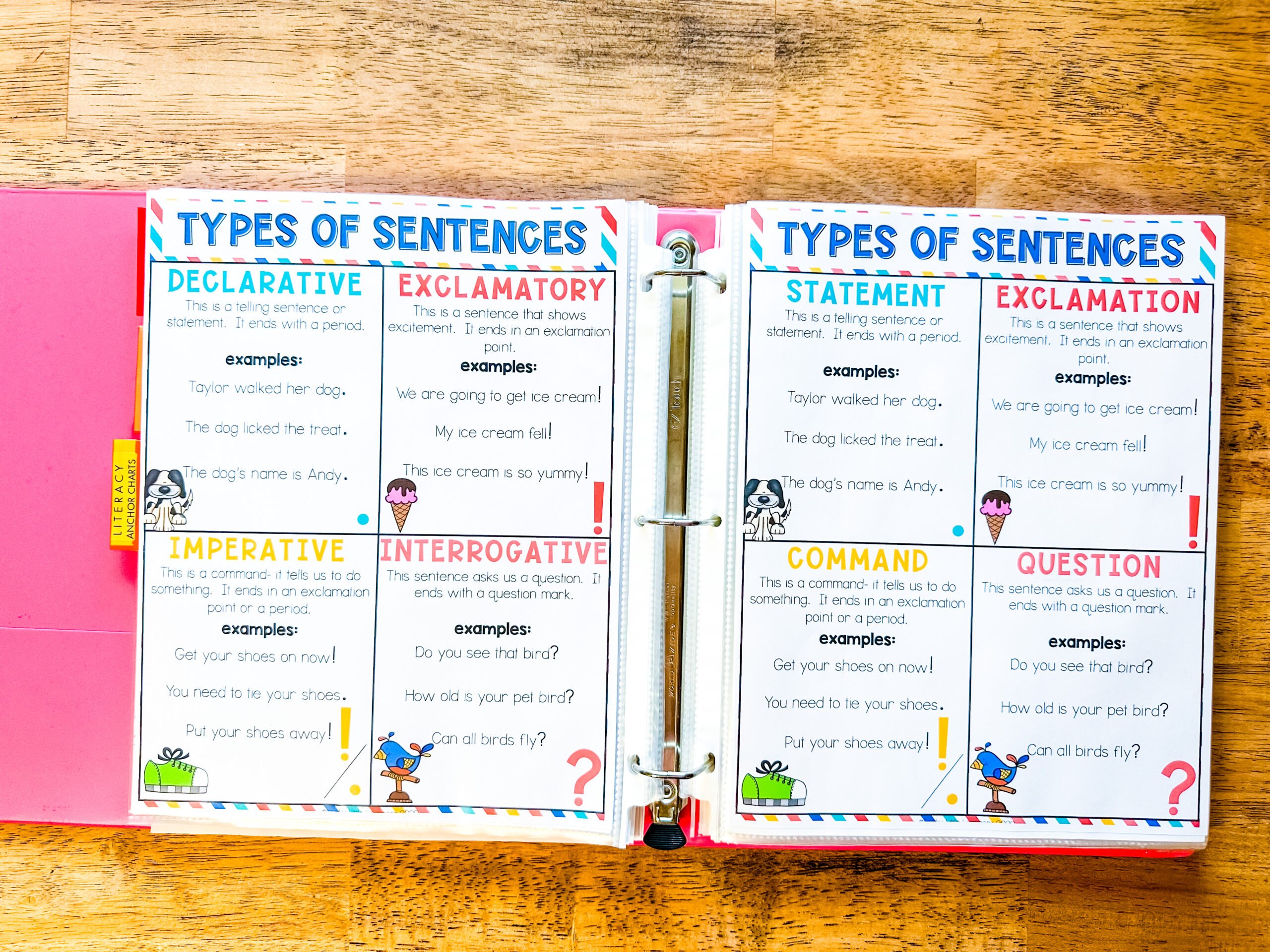 Open binder with two colorful reference pages showing definitions and examples of all types of sentences.
