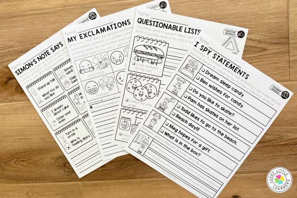 Four printable worksheets teaching types of sentences for kids, including exclamations, questions, and statements with fun activities and picture prompts.