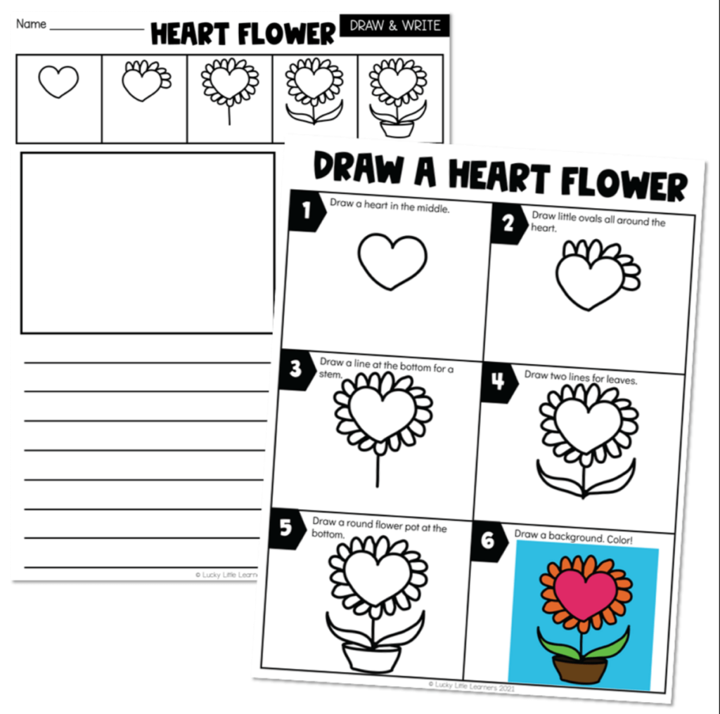 Heart flower directed drawing and writing activity for Valentine’s Day party