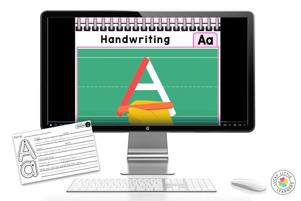 Letter reversals support activity with handwriting video teaching correct letter formation for A and matching tracing worksheet for practice.