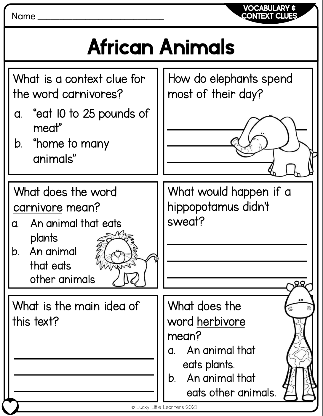comprehension questions for an African animals reading passage
