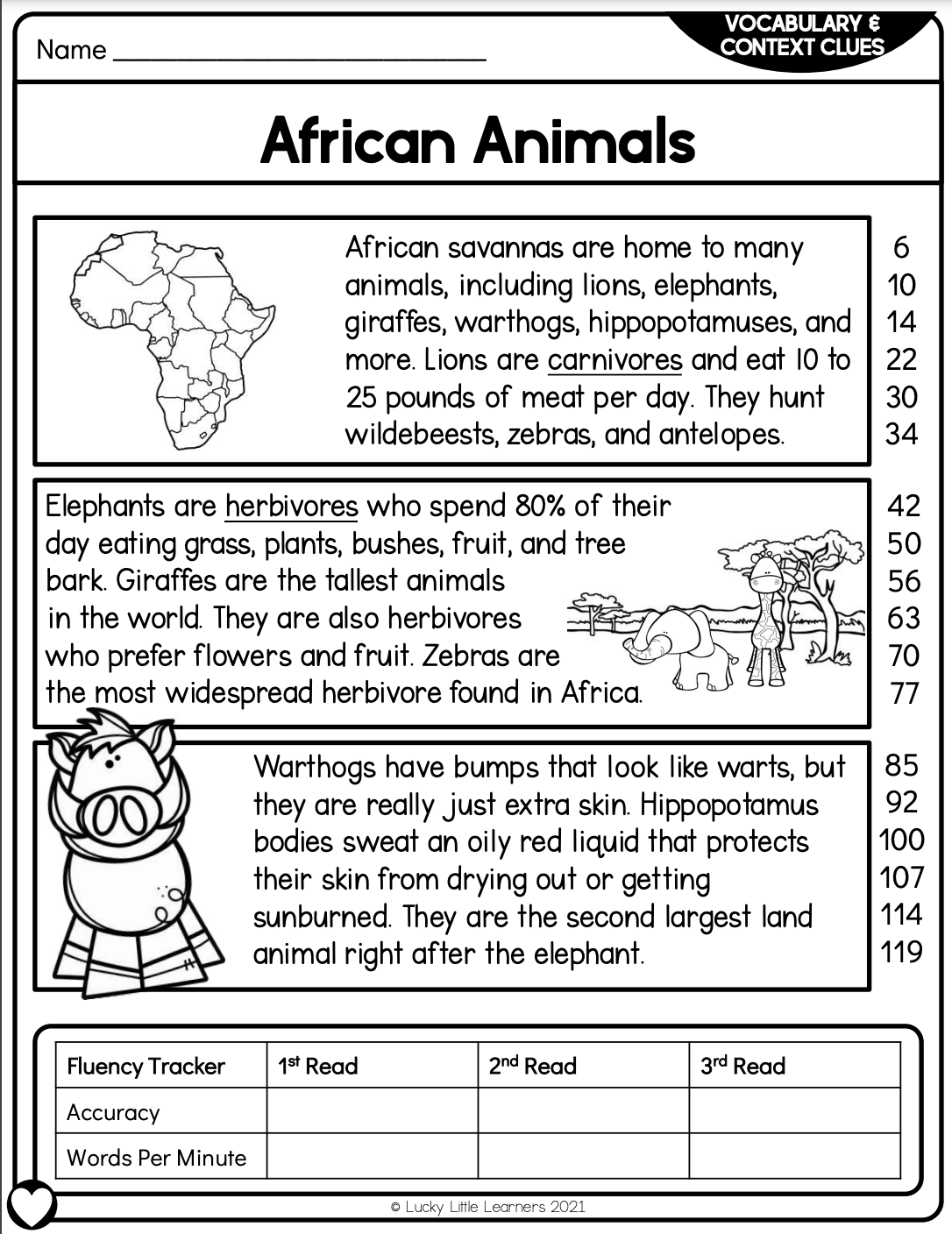 an African animals comprehension passage