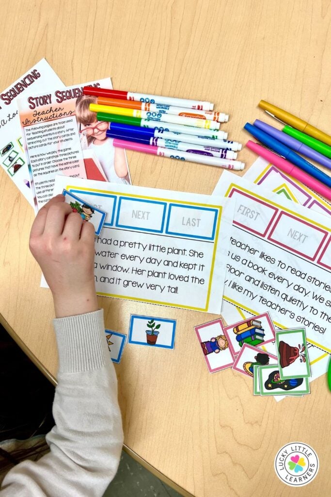a sequencing center with picture cards and paragraphs