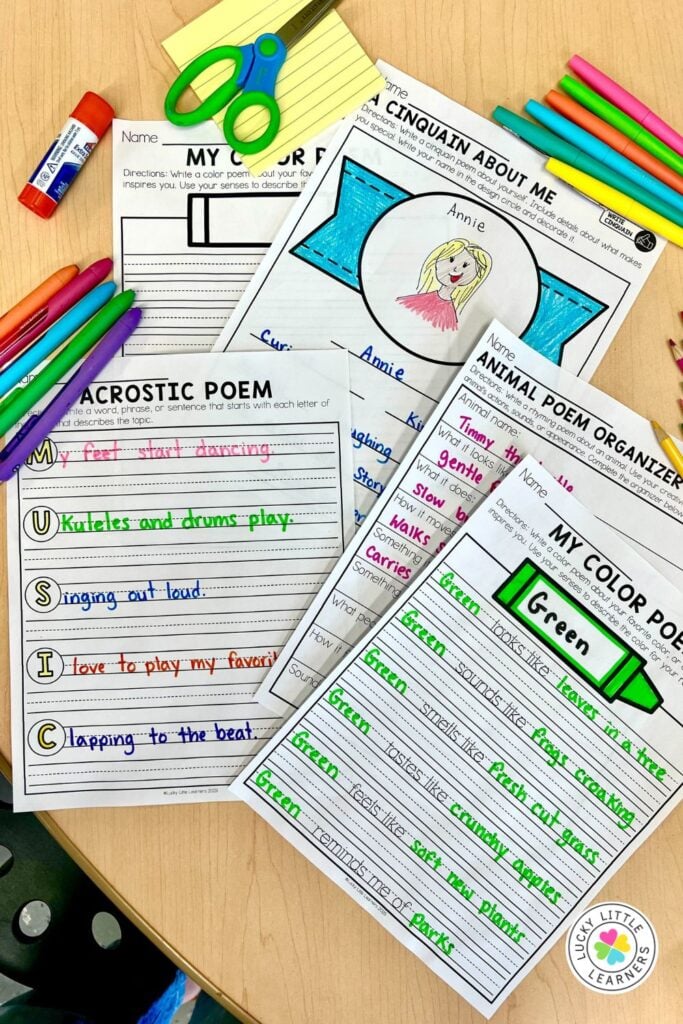 A set of 2nd grade poetry activities including an acrostic poem, a cinquain poem, and an animal poem organizer, encouraging creativity and self-expression in young poets.