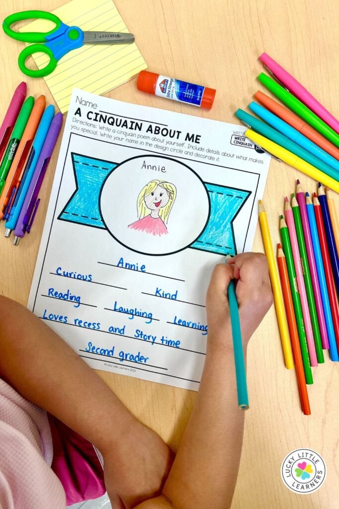 Close-up of a 2nd grade student completing a "Cinquain About Me" poetry activity, writing personal details in a structured poetic format that highlights individuality.