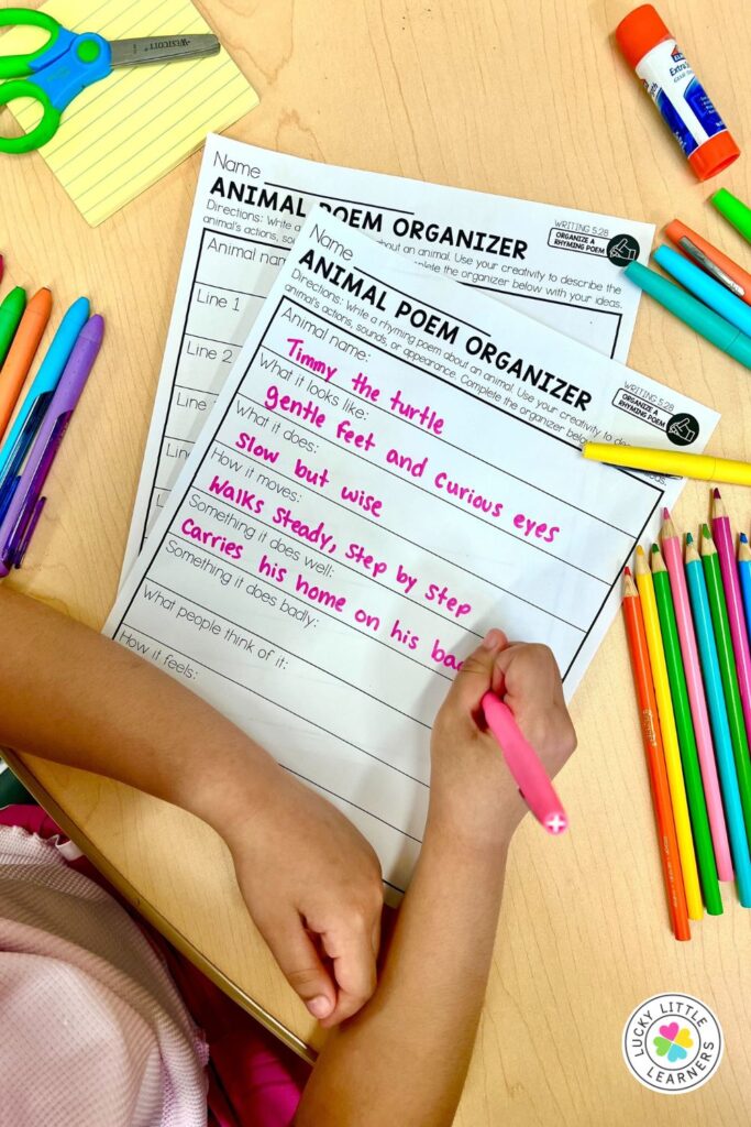 A 2nd grader writing a creative animal poem using an organizer, focusing on descriptive words to write poetry about animals, an engaging activity for young learners.

