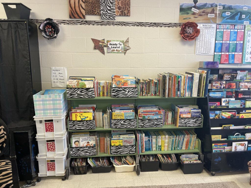 Safari-themed classroom with animal prints and jungle decorations.