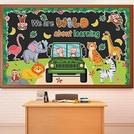"we are wild about learning" safari themed bulletin board set