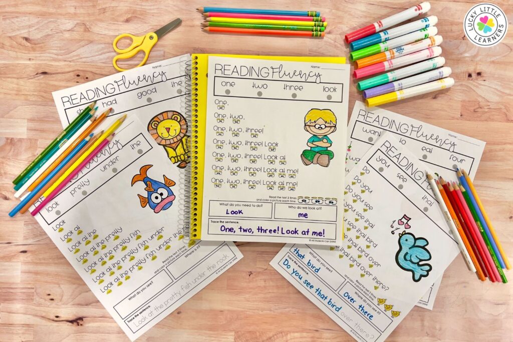 Colorful reading fluency worksheets with repeated sentence reading and sight words, surrounded by crayons and markers—engaging tutoring resources for early readers.