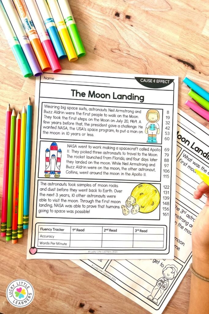 Fluency passage about the moon landing with colorful pencils, used to support comprehension in science of reading K-2 routines.
