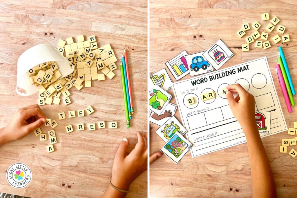 Student using letter tiles and a word building mat to practice phonics as part of science of reading K-2 routines.