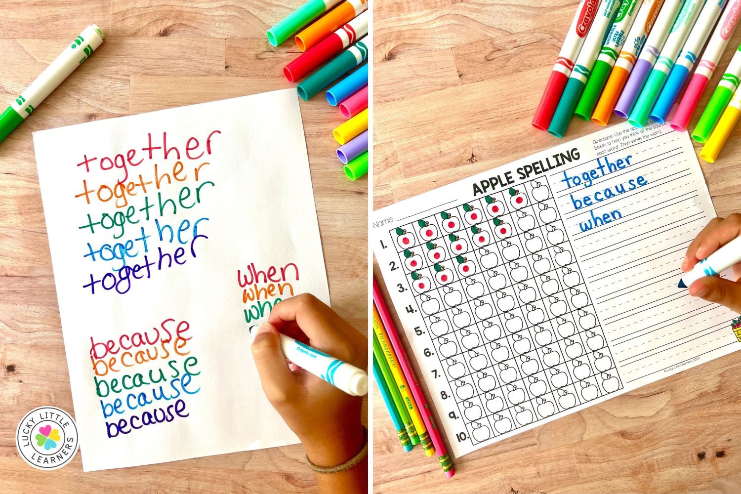 Student practicing spelling high-frequency words with markers and an apple spelling worksheet for science of reading K-2 routines.