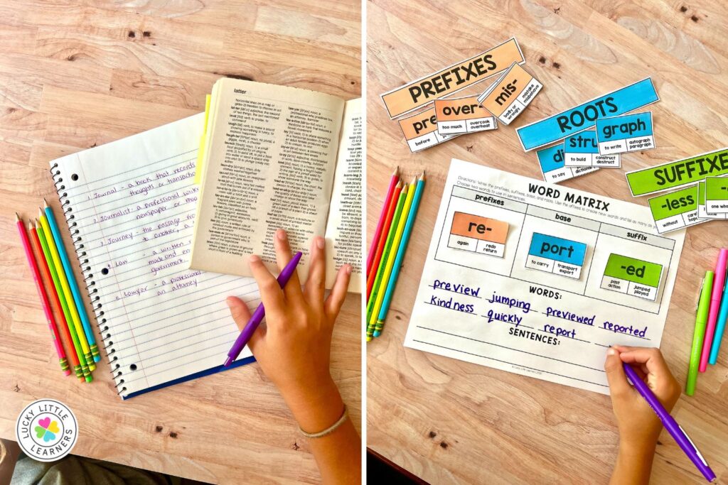 Student using a dictionary and word matrix activity to learn prefixes, roots, and suffixes as part of science of reading K-2 routines.
