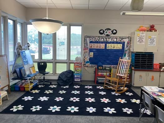 Wildflower-themed bulletin board and floral classroom details.