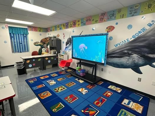 Ocean and coastal classroom theme with sea creature decorations.