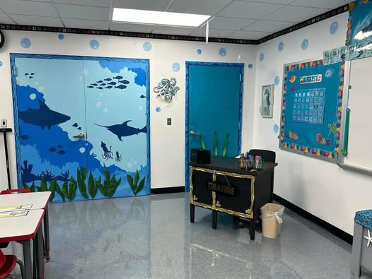 Ocean and coastal classroom theme with the teacher desk painted to look like a treasure chest