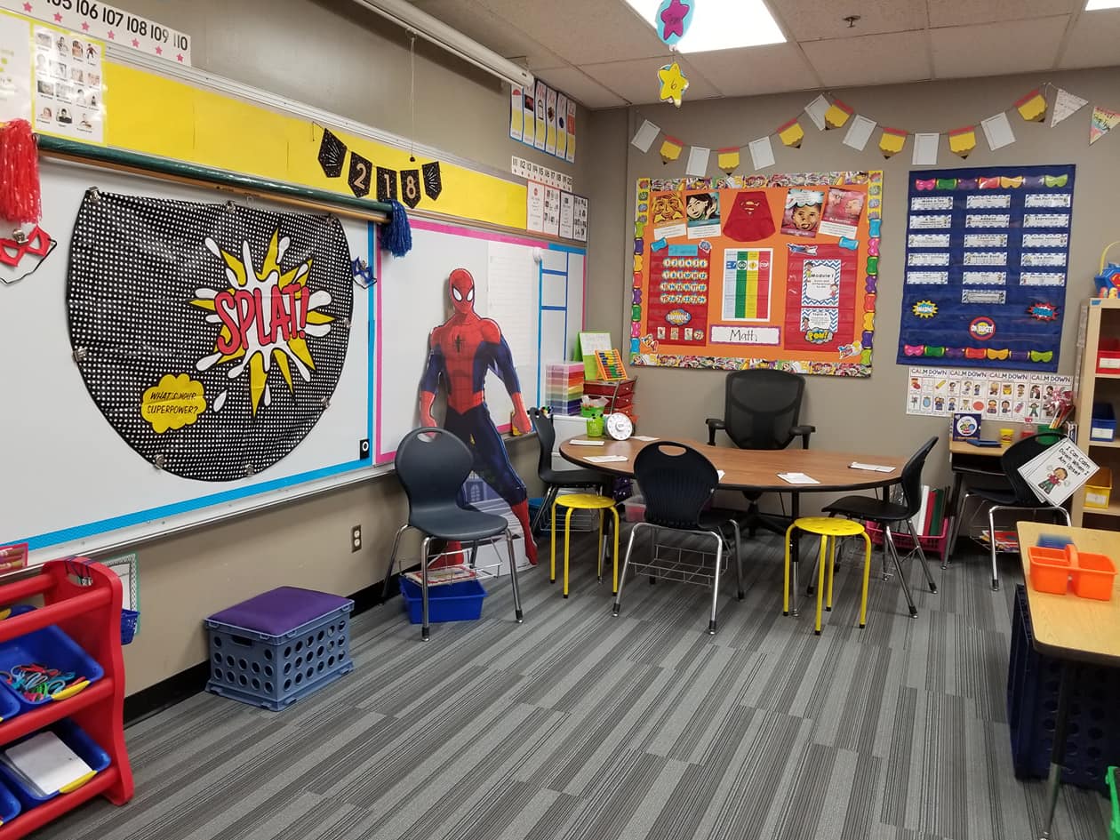 spiderman character cutout at the front of the room